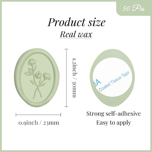 UNIQOOO 3D Floral Wax Seal Stickers - 50 Pcs Elegant Oval Sage Green Self-Adhesive Seals for Wedding Invitations, Envelopes, Gift Wrapping, Christmas Cards & Scrapbooking