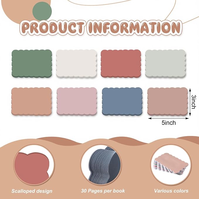 Eaasty 8 Pack Scalloped Sticky Notes Cute Adhesive Memo Pads Vintage Colors Aesthetic Unlined Self Stick Note Pads 3" x 5" Pretty Wavy Sticky Notes Bulk 240 Sheets for School Office Supplies