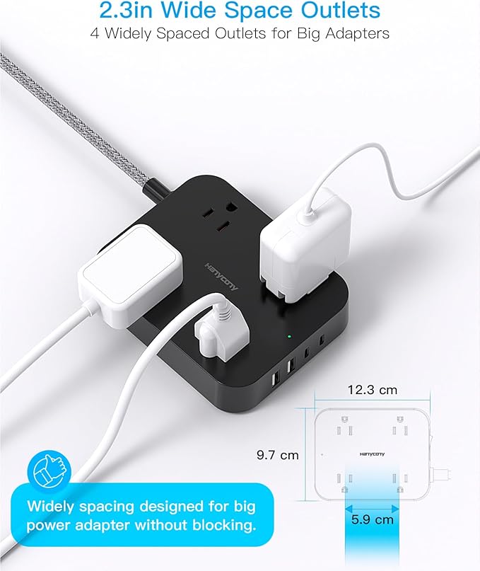 Black Flat Plug Extension Cord, HANYCONY 10ft Power Strip with 4 USB Ports(2 USB C), 4 Widely Outlets Extender, Wall Mount, Desk Charging Station for Office, Travel and Dorm Room Essentials