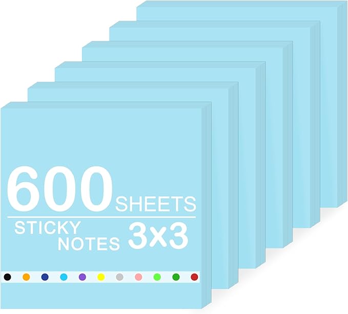 Super Sticky Notes,6 Pads Self-Stick Note Pads 3 x 3 in,600 Sheets Total Sticky Notepad Bulk Post,Office Supplies,School Supplies,Christmas Decor (Light Blue, 6 Pads Sticky Notes 3x3)