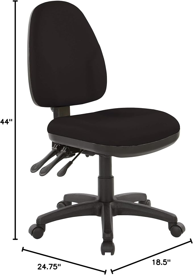 Office Star Ergonomic Dual Function Office Task Chair with Adjustable Padded Back and Built-in Lumbar Support, Armless, Dillon Black Fabric
