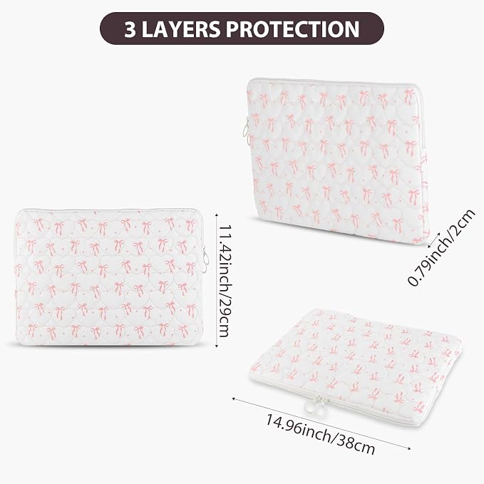 Cute Bow Puffy Laptop Sleeve 13-15 Inch Cute Quilted Laptop Protective Case Padded Bow Computer Sleeve for MacBook