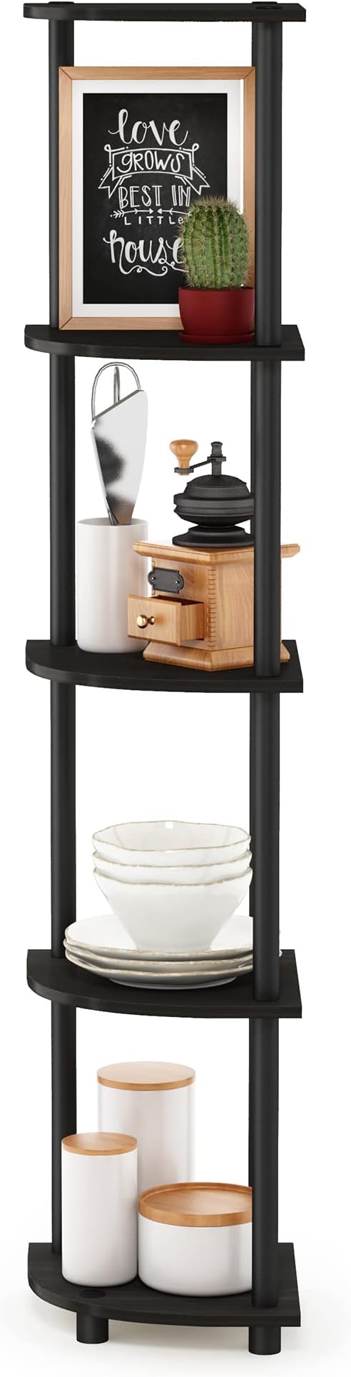 Furinno TURN-N-TUBE Corner Shelf Set of 2, 5-Tier Corner Bookshelf, Open Storage Shelves, for Organization and Storage, Living Room, Home Office, Garage, Espresso