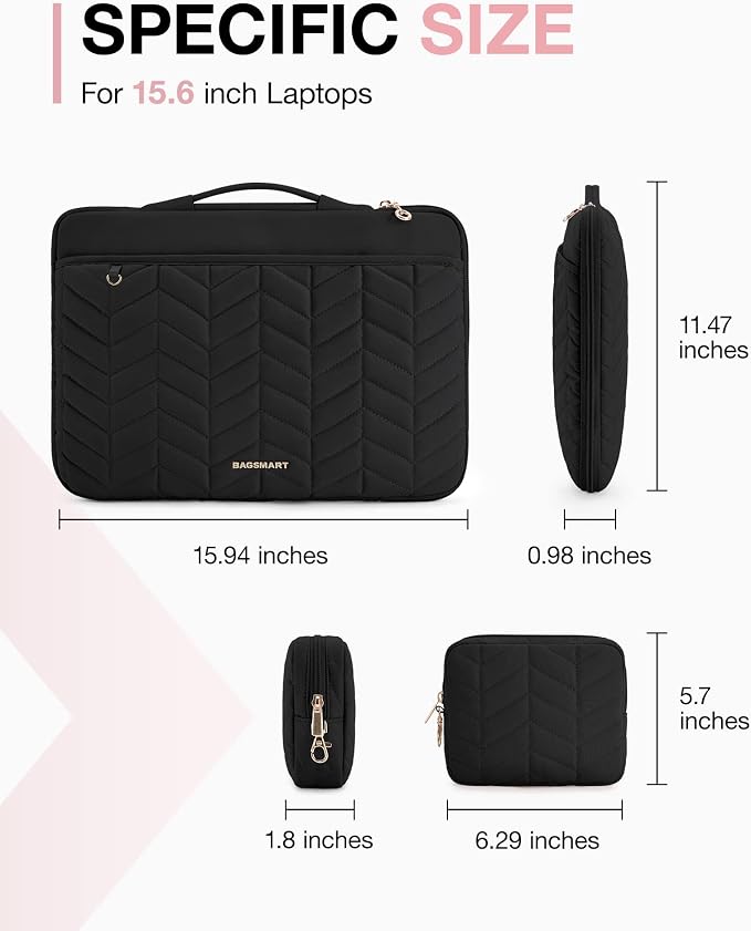 BAGSMART Laptop Case with Handle, Puffy Padded Laptop Bag Sleeve for Women, Portable MacBook Air/Pro Computer Case, 15-16 inch, Black