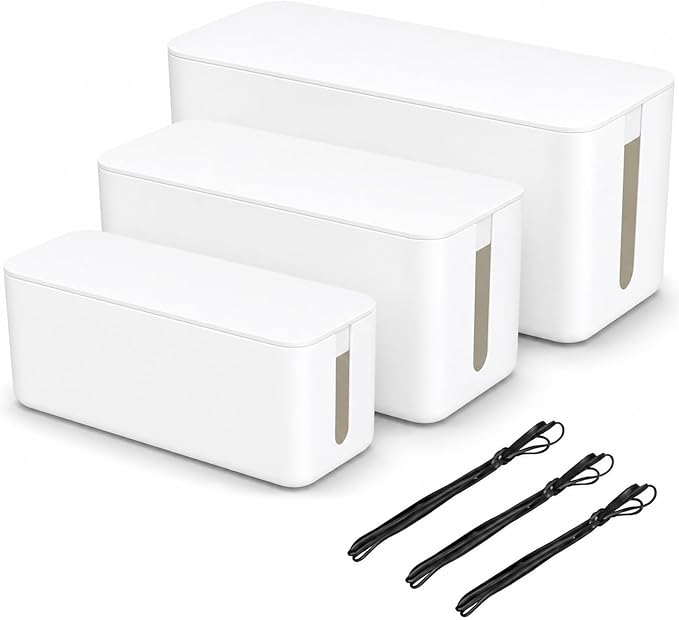[Set of 3] 3 Cable Management Boxes + 3 Wire Ties, Large Cord Box Organizers to Hold and Hide Power Strip Charger Adapter Power Cord Charging Station USB HUB (White)