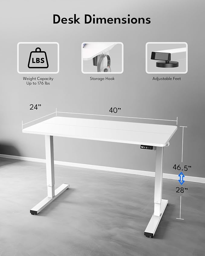 Electric Standing Desk, Gaming Desk, 40 x 24 Inch, White | Height Adjustable Computer Desk with Smart Controller, Sit and Stand Up Table for Home, Office, Work, Study, Writing