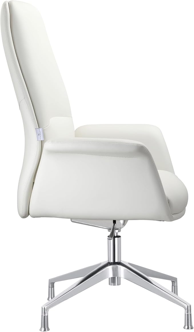 LeisureMod Mid-Century Modern Swivel Office Chair, Adjustable Height with Faux Leather Seat and Aluminum Frame (White, Set of 6)