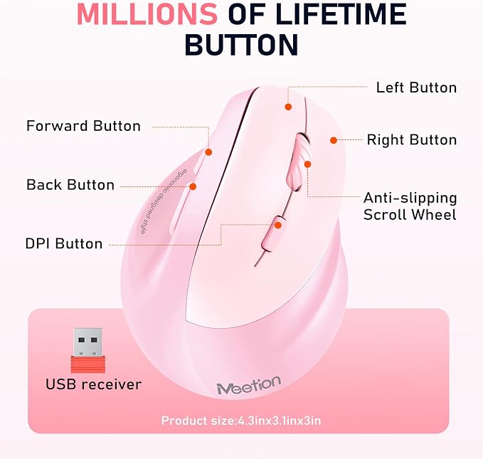 MEETION Ergonomic Mouse, Wireless Vertical Mouse RGB Backlit Rechargeable Mice for Bluetooth(5.2 + 3.0) USB, 4 Adjustable DPI Compatible Mac/Windows/Andriod/PC/Tablet/iPad Pink