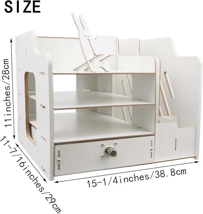Bamboo Desk Organizer, Desktop Wood Bookshelf File Organizer, Pen Holder and Tissue Holder, 1 Drawer with lock for Office, Home, Need to Install (White)
