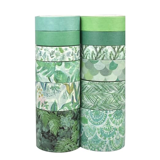 CooBigo 12 Rolls Washi Tape Set, Decorative Masking Tapes for Arts Scrapbook Planner Journaling Supplies Gift Wrapping DIY Crafts (Green Mint)