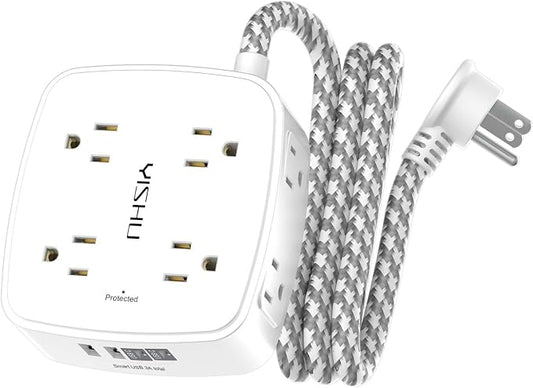 Surge Protector Power Strip - YISHU 8 Outlets with 4 USB (2 USB C) Charging Ports, 5Ft Braided Extension Cord, Flat Plug Multi Plug Outlet Extender Charging Station for Home Office, ETL, White