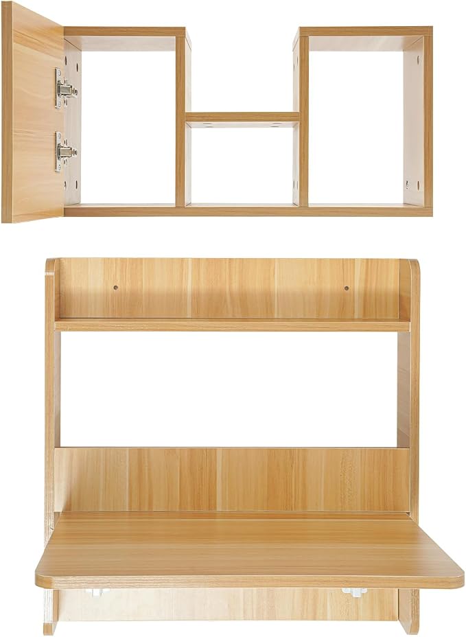 Floating Desk, 24" Wall Mounted Folding Desk with Bookshelf Folding Wall Desks Space Saving Workstation with Storage Shelves for Home Office Bedroom Study Room Small Space
