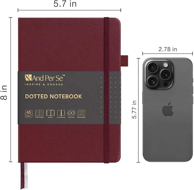 &And Per Se Dotted Journal Notebook, A5 Hardcover Leather Dotted Journal, 160 Pages 100gsm Thick Dot Grid Paper, 3 Sheets of Stickers Included - 5.7'' x 8'' (Dark Red)