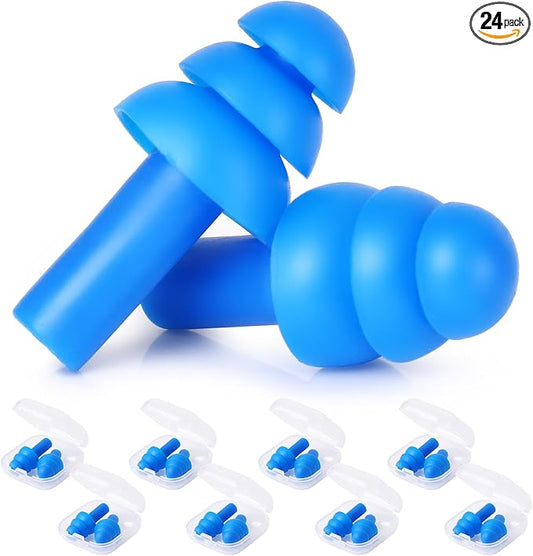 24 Pair Blue Ear Plugs - NRR 29dB Reusable Silicone Ear Plugs with Plastic Cases for Sleeping, Noise Cancelling, Concerts, Shooting, Swimming