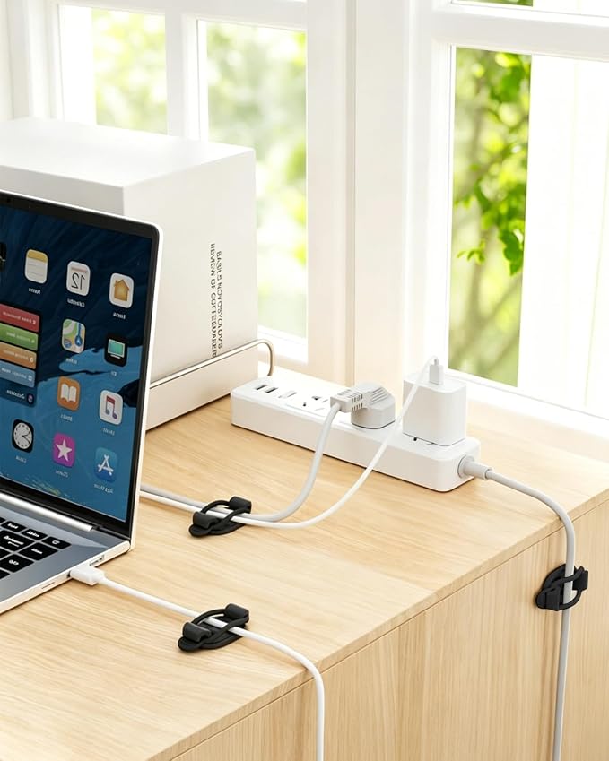 OneLeaf 10-Pack Adjustable Elastic Cable Clips, Cable Management, Black | Self-Adhesive, Cord Organizer, For Office, Home, Car, Under Desk, Behind TV, Nightstand, For Charger, HDMI, PC, Decoration
