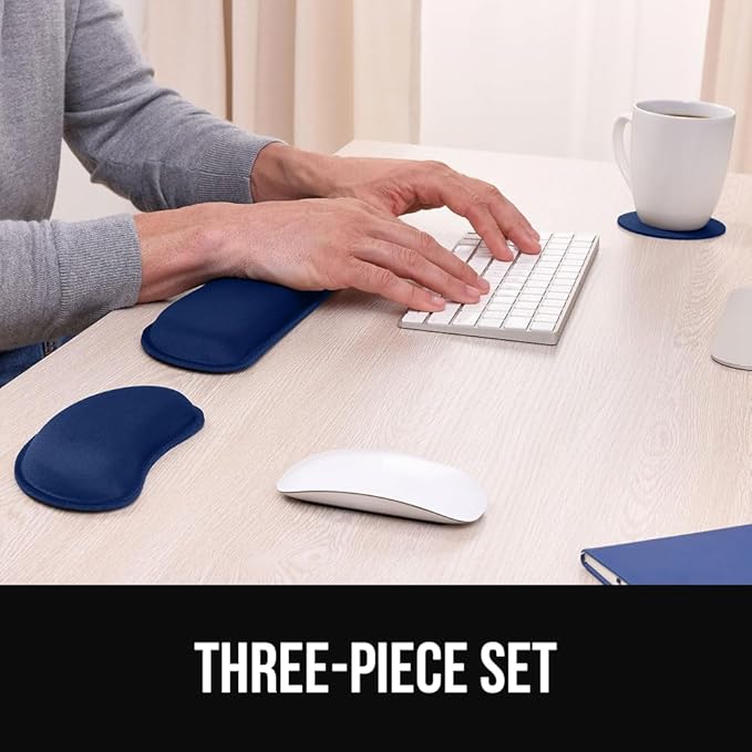 GORILLA GRIP Silky Memory Foam Keyboard Wrist Rest for Computer and Mouse, Ergonomic Typing Support Pad, Desk Office Supplies, Gaming Accessories, Hand & Arm Mousepad Cushion and Coaster Set Navy Blue