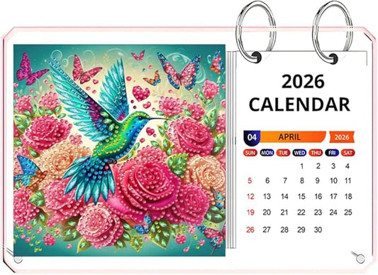 2026 Standing Desk Calendar DIY Diamond Art Painting Monthly Flip Desktop Calendar Mosaic Kits Acrylic Tabletop Calendars Diamond Art Craft Supplies Planner for Office Home Decor-Hummingbird
