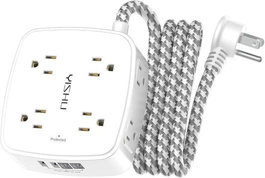 Surge Protector Power Strip - YISHU 8 Outlets with 4 USB (2 USB C) Charging Ports, 6Ft Braided Extension Cord, Flat Plug Multi Plug Outlet Extender Charging Station for Home Office, ETL, White