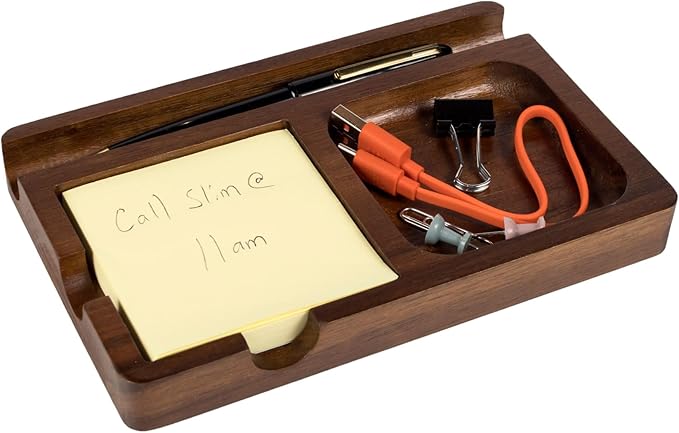 S&A WOODCRAFT Office Desk Organizer with Sticky Note Holder, Pen Slot & Phone Stand - Versatile Brown Acacia Sticky Note Dispenser, Includes 100 3x3 Inch Pages & 4 Anti-Skid Pads.
