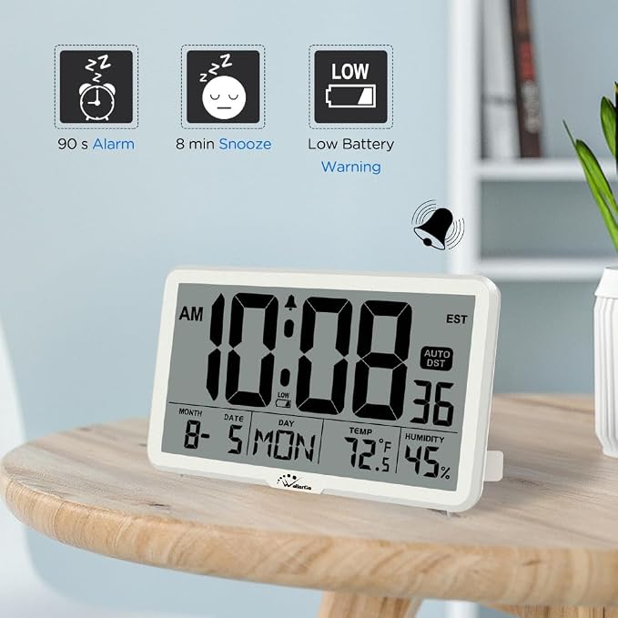 WallarGe Auto Set Digital Wall Clock Battery Operated, Auto DST | Desk Clock with Temperature, Humidity and Date, Large Display Digital Calendar Alarm Clock for Bedroom, Office, Classroom