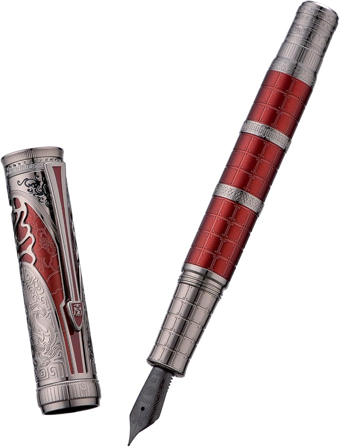 Hongdian D5X Fountain Pen Red Color Extra Fine Nib, Qin Dynasty Retro Chinese Totem Engraving Smooth Writing Pen with Converter and Pen Box Set