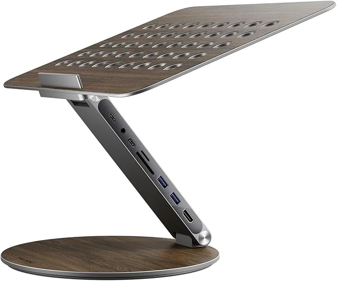 KU XIU Adjustable Laptop Stand with 7-in-1 Hub, Foldable Portable Aluminum Laptop Riser with 360° Swivel Base for Desk, Ergonomic Computer Notebook Stand Holder for All Laptops 10-17"-Gray (Wooden)
