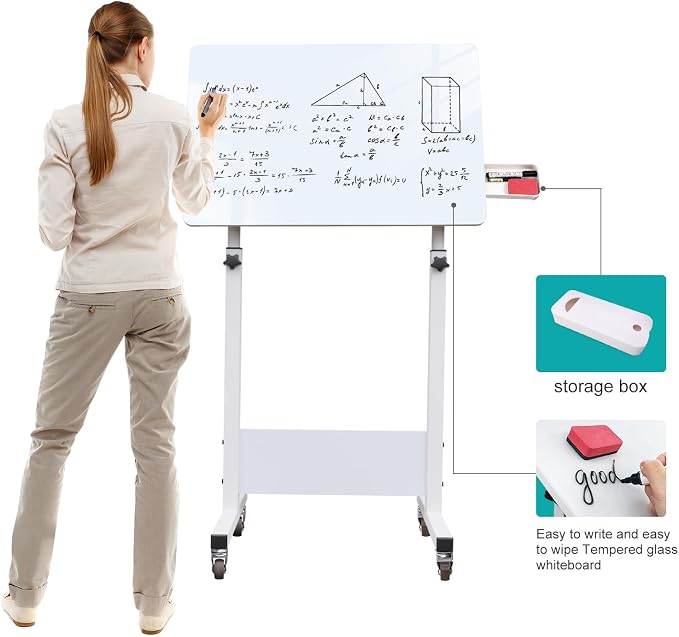 KOUPA Adjustable Height Standing Desk, 31 in Writable Tempered Glass Desktop with Eraser, 360° Flip, Wheels – Ideal for Small Spaces and Home Offices, White(Adjustable Height: 32-47 in)