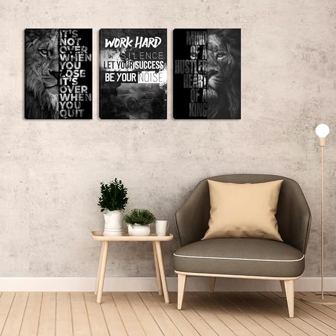 Motivational Canvas Wall Art 3 Pieces Lion Poster Inspirational Positive Wall Art Quotes Success Canvas Picture Print Artwork Framed for Home Office Room Gym Workplace Wall Decor (48''Wx 24''H)