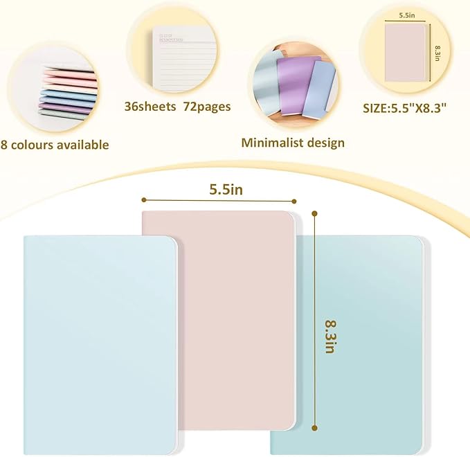 Ddaowanx 48 Pack Colorful Lined Notebooks, Journals in Bulk, 72 Pages, 36 Sheets,8.3x5.5 Inch, A5 Size, Travel Writing Notebooks Journal for Office School Supplie(Lined-48pack, 8 Colors)