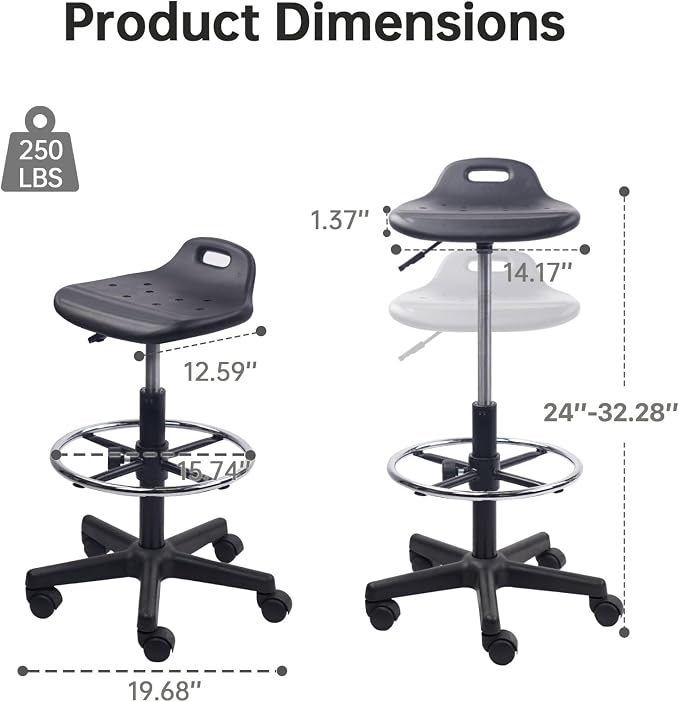 KLASIKA Drafting Rolling Stool Adjustable Height with Foot Rest Breathable Seat Cushion Swivel Stools with Wheels, Multi-Purpose Work Stool for Shop, Task, Salon, Black, 2 Pack