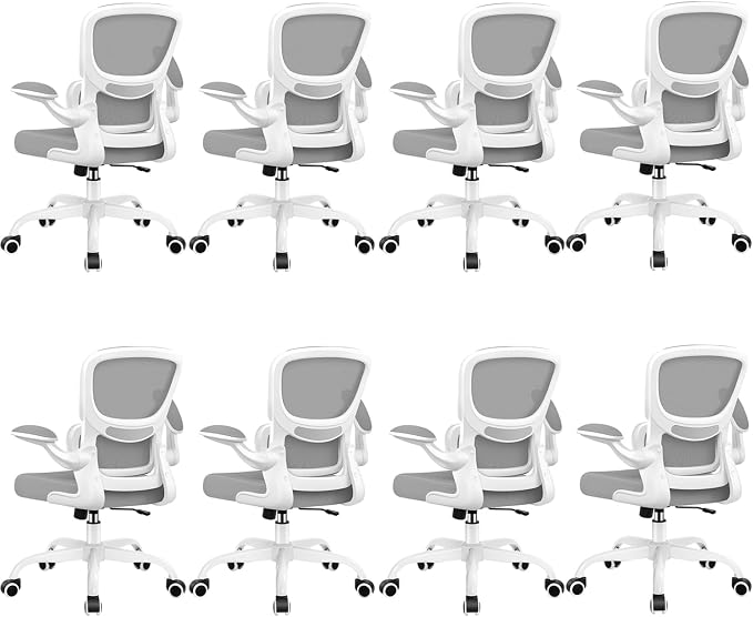 BESTFAIR Ergonomic Mesh Office Chair, Breathable Mesh Computer Desk Chair, Adjustable Lumbar Support, Flip-up Armrests, Executive Swivel Chair for Home Office, LightGray Pack of 8