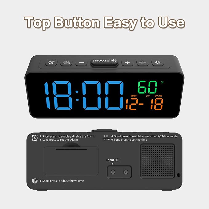 Netzu 3-in-1 Digital Clocks for Living Room, Small & Compact Alarm Clock | Temperature, Date & Time Display, 4 Birghtness, 3 Volumes, Plug-in, for Bedroom, Office