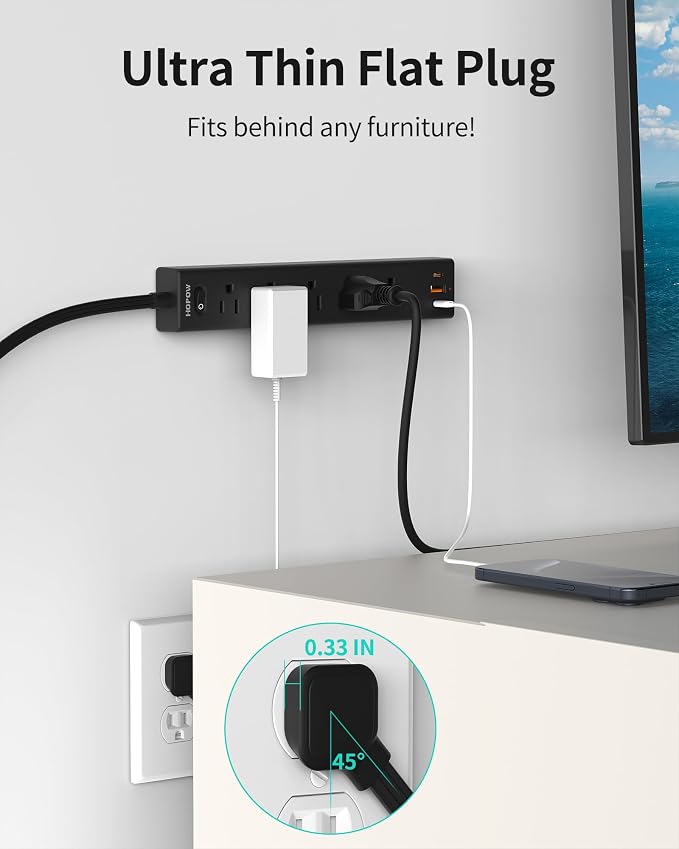 HOPOW Power Strip Surge Protector, 10 Ft Ultra Flat Extension Cord, Surge Protector with 5 Outlets & 3 USB Ports (2 USB C), 1700 Joules, Wall Mount, Desktop Charging Station for Home Office, Black