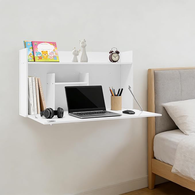 Wall Mounted Desk, Modern Floating Computer Desks with Keyboard Tray, Lockable Fold Down Wall Desk Space Saving Table Workstation for Bedroom Study Room Small Space(Black)