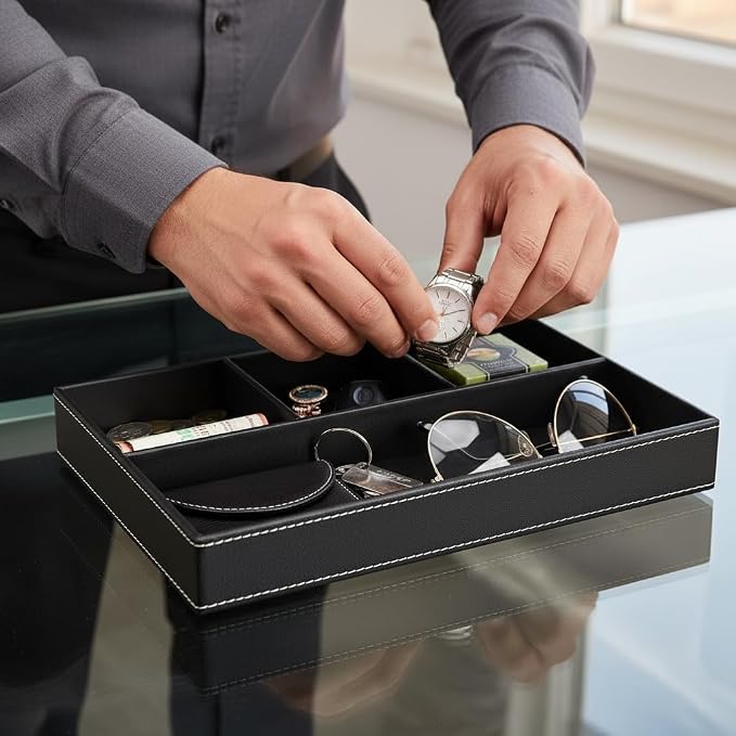 Leather Valet Organizer Nightstand & Dresser Storage Tray (Black) | Stackable, Entryway Desk Catchall Tray for Keys Wallet Watch Phone, Bedside Desktop PU Leather Drawer Caddy Tray for Men