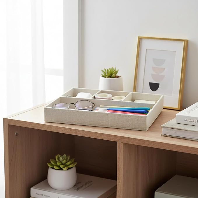 UnionBasic Flat 4-Slot Drawer Tray Desk Stationery Sundries Gadget Organizer Storage Box Pen Pencil Holder Case Container, Beige