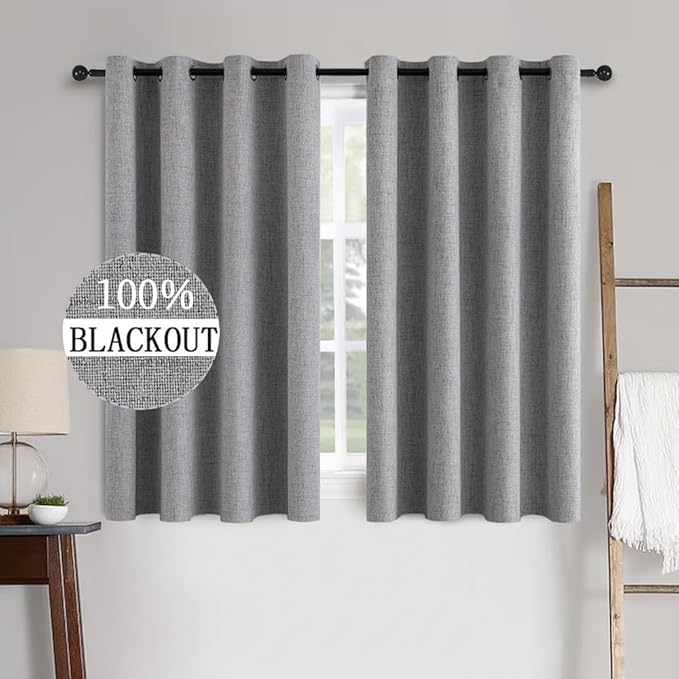MIULEE Linen Texture Curtains for Bedroom Solid 100% Blackout Thermal Insulated Grey Curtains Grommet Room Darkening Drapes Luxury Decor for Living Room 52x45 Inch (2 Panels)