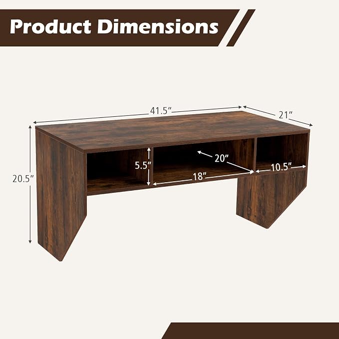 GOFLAME Wall-Mounted Computer Desk, Floating Study Table with Spacious Tabletop and 3 Open Compartments, Home Office Working Desk, PC Laptop Workstation, Vanity Table for Makeup Room (Rustic Brown)