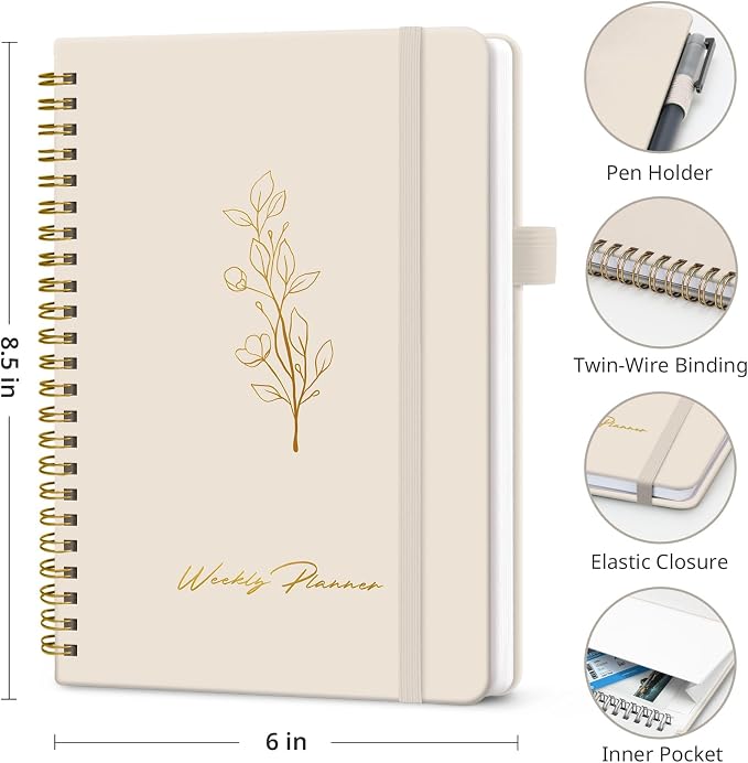 Taja Undated Weekly Planner, Weekly To Do List Notebook with Goal & Habit Tracker Organizer, A5 Weekly Planner Notebook with Spiral Binding, 6.1" x 8.2" - Beige