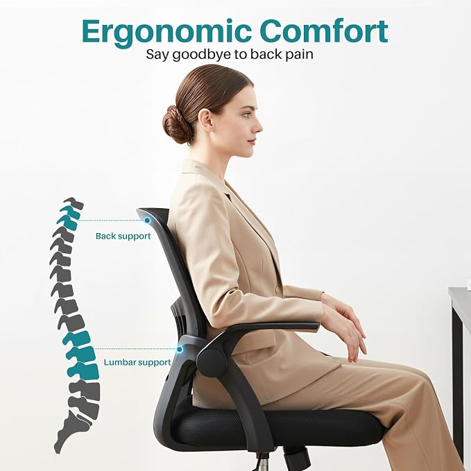 OLIXIS Ergonomic Office Desk Chair, Executive Mid-Back Computer Chair with Comfortable Lumbar Support & Rocking Mode, Height Adjustable with Flip-up Armrest, 360° Swivel, for Adults, Black