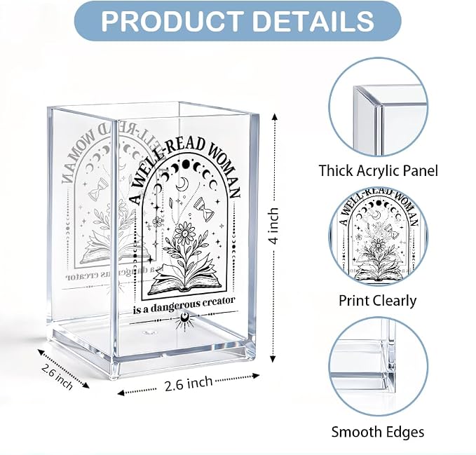 A Well Read Woman Is A Dangerous Creature Acrylic Cosmetic Pencil Pen Holder, Funny Literary Pen Organizer for Desk, Office Desk Accessories for Librarian, Bookish Gifts for Book Lover Teacher