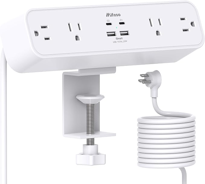 Mifaso PD20W USB C Desk Clamp Power Strip, 1080J Surge Protector | 4 Outlets, 4 USB (2 USBC), 5FT Extension Cord, Desk Organizer Gaming Accessories Office Essentials, Fits 1.96" Edge, White