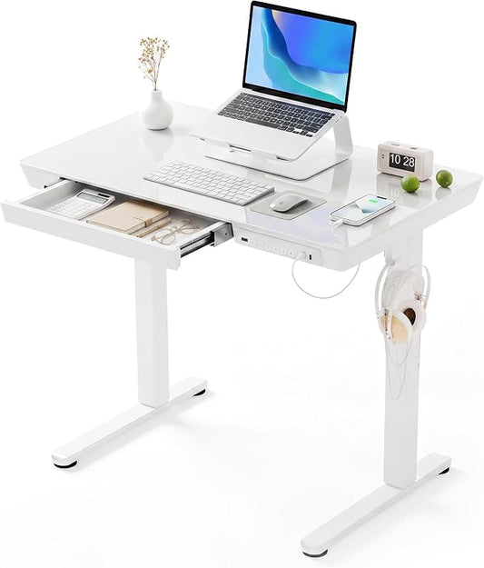 Claiks Small Glass Standing Desk with Drawers & USB Ports 32x19 White | 3 Steps Quick Install, Buil in Drawer, USB Ports, Ultra White One-Piece Glass Top, Writable Top