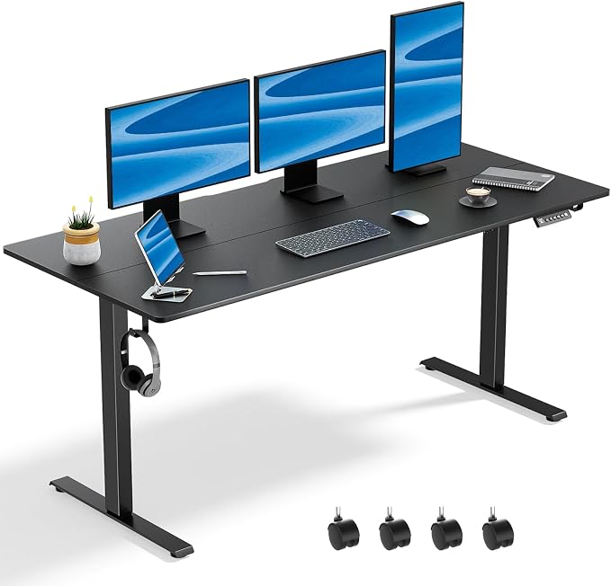 63x24 in Electric Standing Desk,Adjustable Height with Wheels,Black | Spliced Desktop,27.9"–46.8" Height Range,4 Memory Presets,Lockable Wheels,Headphone Hook,Sit Stand Desk,Home Office