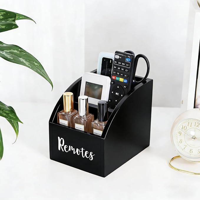 Rustic Vintage Wooden Desk Organizer Farmhouse Wood Remote Control Caddy, 3 Slot Tabletop Desktop Office Supply Storage Rack Desktop TV Remote Control Holder Home Decor Office Supplies Storage (Black)