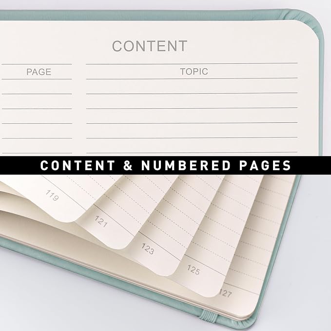 AHGXG Lined Journal Notebook, 160 Numbered Pages, A5 Medium Size (5.7'' x 8.3''), 120 GSM Thick Paper, for Men & Women, Journaling, Writing, Work & Office, Leather Hardcove (Gray Blue)