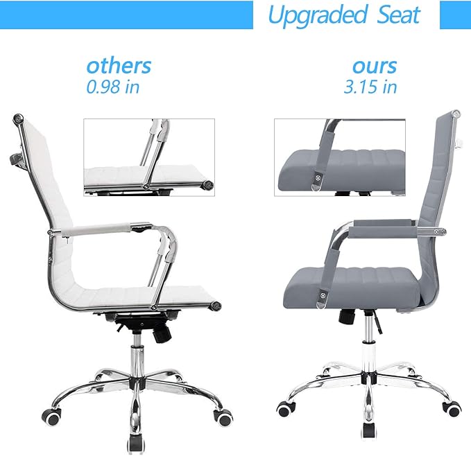 Furmax Ribbed Office Desk Chair Mid-Back PU Leather Executive Conference Task Chair Adjustable Swivel Chair with Arms (Grey)