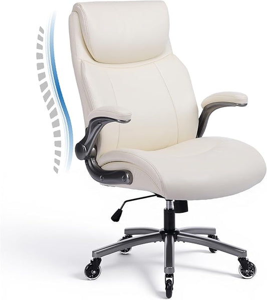 Ergonomic High-Back PU Leather Executive Office Chairs, Heavy Duty Home Computer Chair with Lumbar Support and Flip-Up Arms, 300lbs, Beige