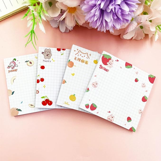 Cute Sticky Notes, 4Pack(320 Sheets) Kawaii Sticky Notes Colorful Super 3.1x3.1in Self-Stick Pads Unique Cute Fruit Patterns Sticker Note