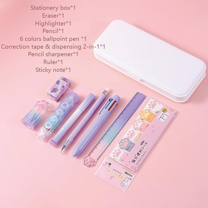 9 Pcs Cute Purple Stationery Set for Girls Boys Kids Women Back to School Supplies Office Supplies Cartoon Cat Paw Stationery Set Aesthetic Kawaii Stationery Gift (Purple)